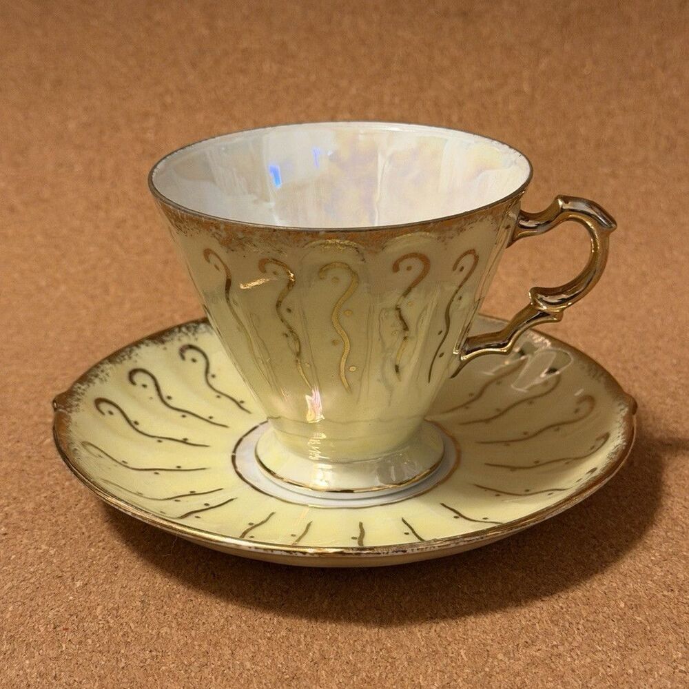 Vintage Porcelain Tea Cup & Saucer Set, Abstract Pattern, Cream Gold White